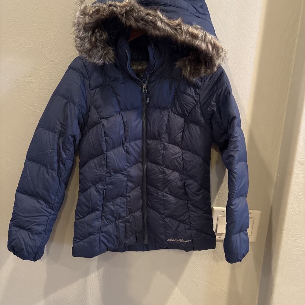 Eddie Bauer Down Parka Womens Small Navy Blue Hooded Puffer Jacket Faux Fur Trim